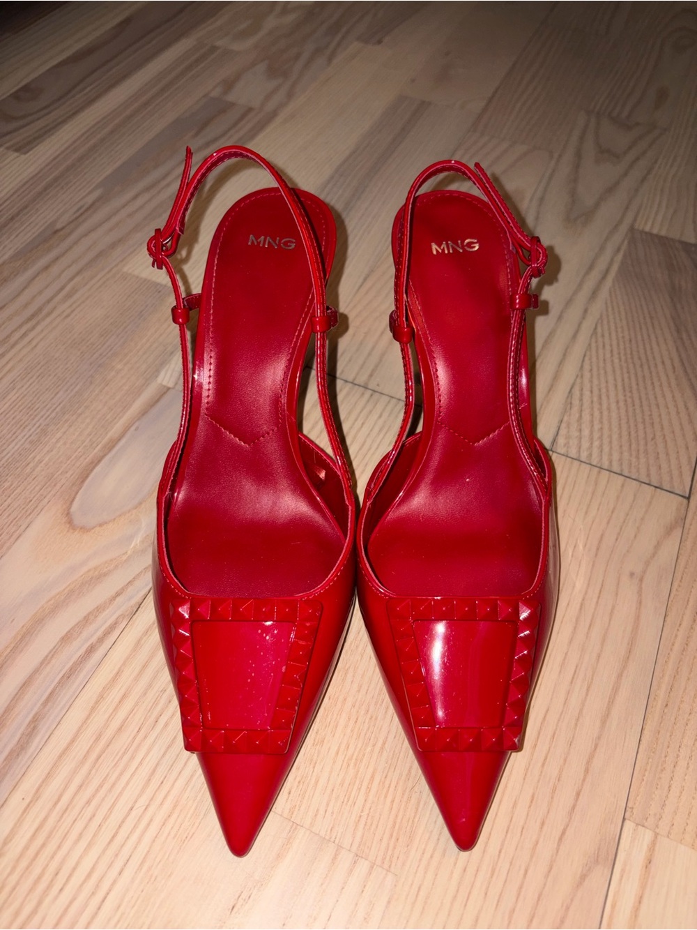 Mango Red Pointed Slingback Pumps with Studded Toe Accent